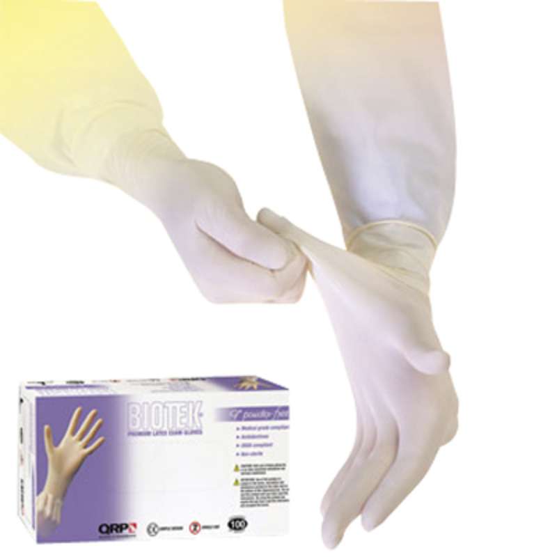 BiotekĀ® Medical Grade 6mil White Powder-Free Latex Gloves, Large, 9" Long, 100 per Package